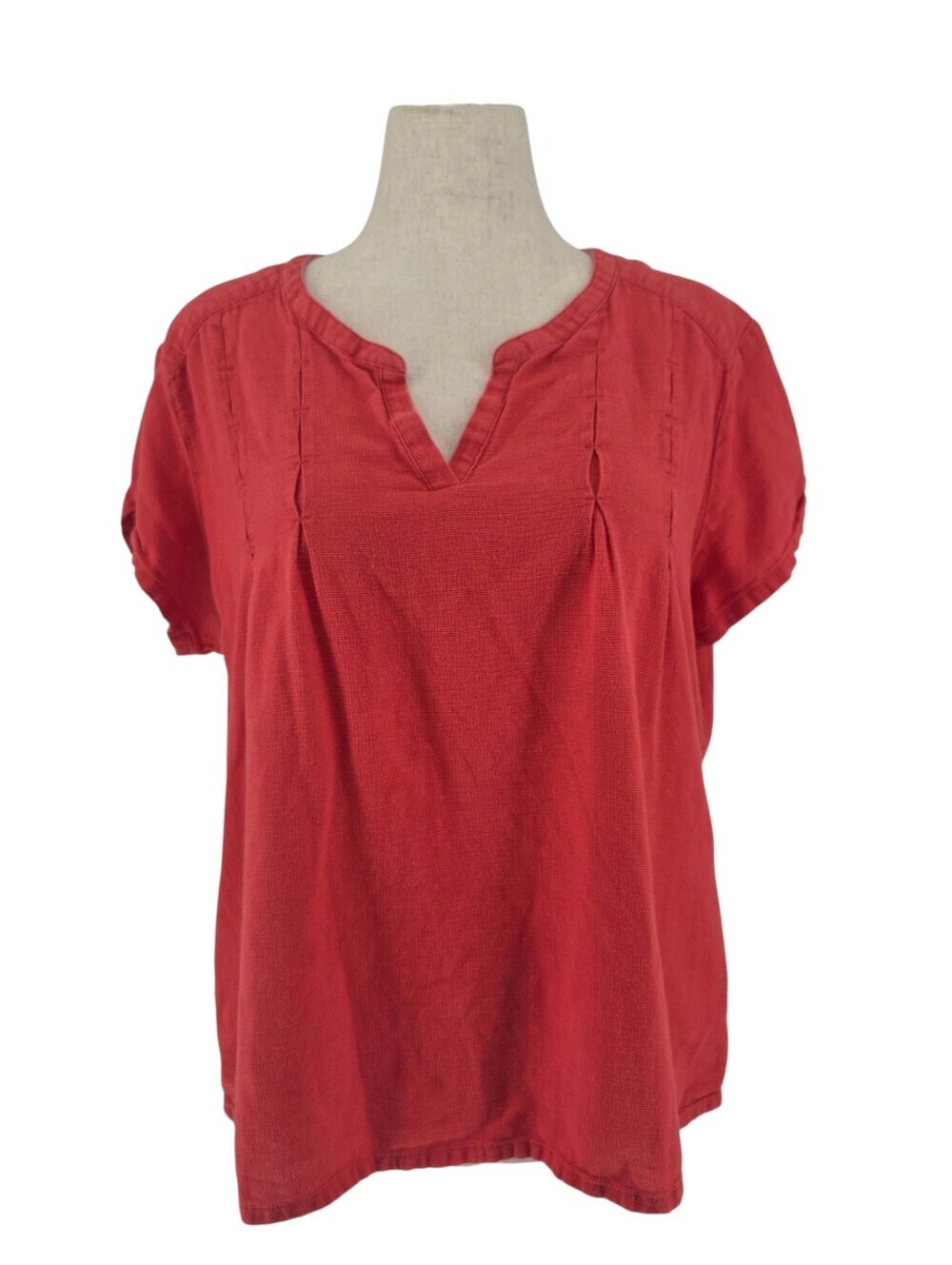 Royal Robbins XXL Organic Cotton Textured Knit Top Coral Red Roll Tab Sleeve